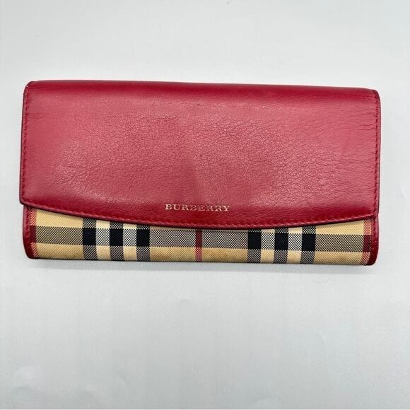 $150/ BURBERRY Continental Haymarket Check Leather Wallet Dark Red - Picture 2 of 4